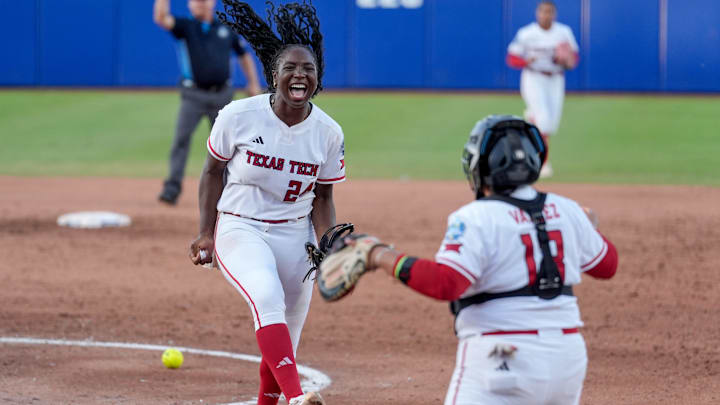 Texas Tech starting pitcher NiJaree Canady (24) celebrates winng against UCLA after a softball game between Texas Tech and UCLA at the Women’s College World Series at Devon Park in Oklahoma City, on Saturday, May 31, 2025.