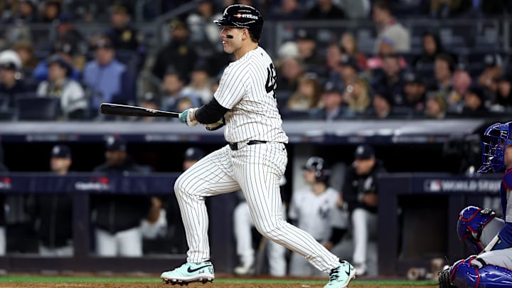 Oct 28, 2024; New York, New York, USA; New York Yankees first baseman Anthony Rizzo (48) singles during the seventh inning against the Los Angeles Dodgers in game three of the 2024 MLB World Series at Yankee Stadium.
