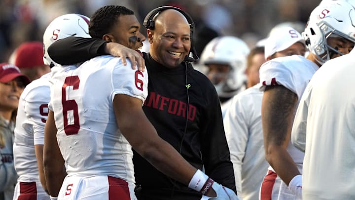 Former Stanford coach David Shaw and receiver Elijah Higgins celebrate after a touchdown against Cal in 2022. 