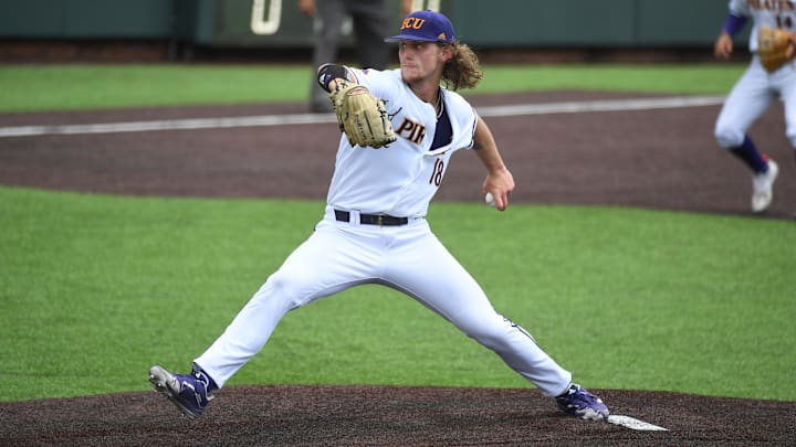 Jun 12, 2021; Nashville, TN, USA; East Carolina Pirates pitcher Carson Whisenhunt (18) throws during the second inning against the Vanderbilt Commodores in the Nashville Super Regional of the NCAA Baseball Tournament at Hawkins Field. Jun 12, 2021; Nashville, TN, USA; East Carolina Pirates pitcher Carson Whisenhunt (18) throws during the second inning against the Vanderbilt Commodores in the Nashville Super Regional of the NCAA Baseball Tournament at Hawkins Field.