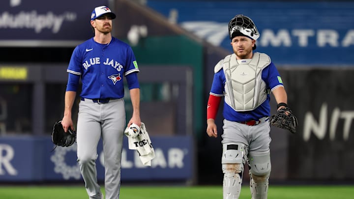 Oct 7, 2025; Bronx, New York, USA; Toronto Blue Jays starting pitcher Shane Bieber (57) and catcher Alejandro Kirk (30) walks to the dugout prior to the game against the New York Yankees during game three of the ALDS round for the 2025 MLB playoffs at Yankee Stadium.