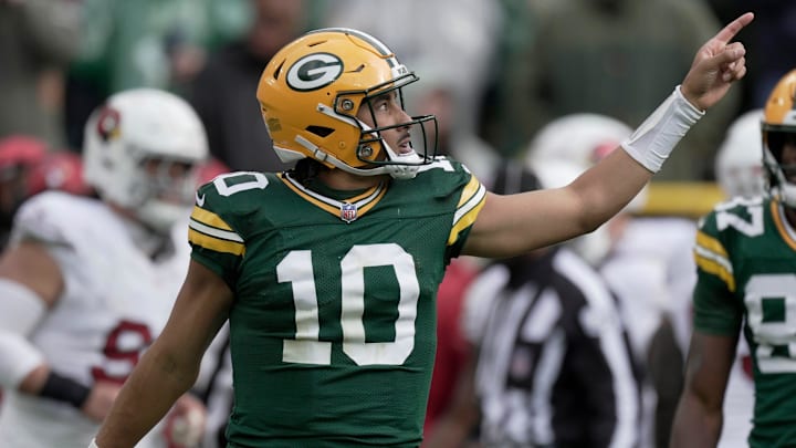 Green Bay Packers quarterback Jordan Love (10) signals first down during the fourth quarter of their game Sunday, October 13, 2024 at Lambeau Field in Green Bay, Wisconsin. The Green Bay Packers beat the Arizona Cardinals 34-13.
