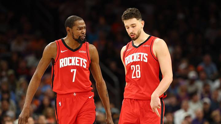 Apr 7, 2026; Phoenix, Arizona, USA; Houston Rockets forward Kevin Durant (7) and center Alperen Sengun (28) against the Phoenix Suns at Mortgage Matchup Center. Mandatory Credit: Mark J. Rebilas-Imagn Images Apr 7, 2026; Phoenix, Arizona, USA; Houston Rockets forward Kevin Durant (7) and center Alperen Sengun (28) against the Phoenix Suns at Mortgage Matchup Center. Mandatory Credit: Mark J. Rebilas-Imagn Images