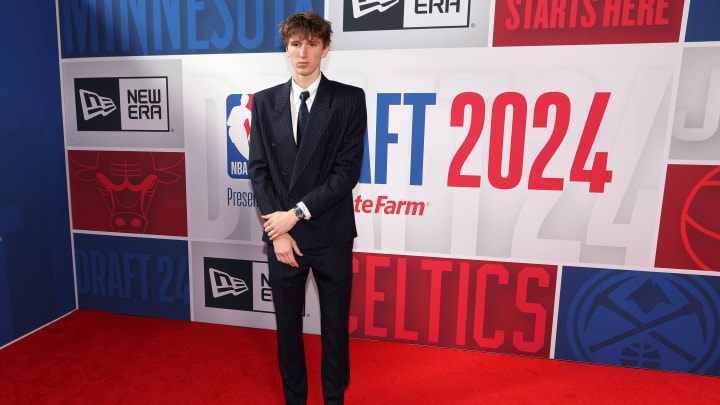 Jun 26, 2024; Brooklyn, NY, USA; Matas Buzelis arrives for the first round of the 2024 NBA Draft at Barclays Center. Mandatory Credit: Brad Penner-USA TODAY Sports Jun 26, 2024; Brooklyn, NY, USA; Matas Buzelis arrives for the first round of the 2024 NBA Draft at Barclays Center. Mandatory Credit: Brad Penner-USA TODAY Sports