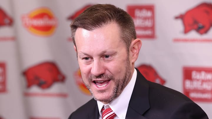 Dec 4, 2025; Fayetteville, AR, USA; Arkansas Razorbacks head coach Ryan Silverfield during his introductory press conference at Frank Broyles Center. Mandatory  Credit: Nelson Chenault-Imagn Images