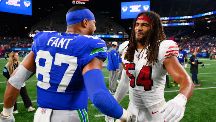Oct 10, 2024; Seattle, Washington, USA; Seattle Seahawks tight end Noah Fant (87) and San Francisco 49ers linebacker Fred Warner (54) after the game at Lumen Field. Mandatory Credit: Steven Bisig-Imagn Images Oct 10, 2024; Seattle, Washington, USA; Seattle Seahawks tight end Noah Fant (87) and San Francisco 49ers linebacker Fred Warner (54) after the game at Lumen Field. Mandatory Credit: Steven Bisig-Imagn Images