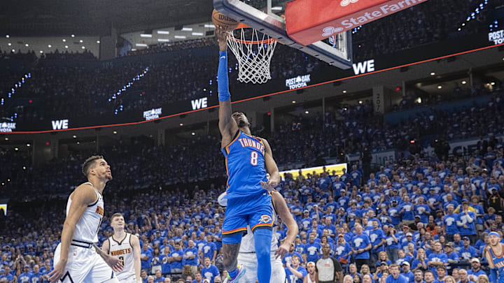 May 18, 2025; Oklahoma City, Oklahoma, USA; Oklahoma City Thunder forward Jalen Williams (8) attempts a layup against the Denver Nuggets in the second half during Game 7 of the second round at Paycom Center. Mandatory Credit: Alonzo Adams-Imagn Images May 18, 2025; Oklahoma City, Oklahoma, USA; Oklahoma City Thunder forward Jalen Williams (8) attempts a layup against the Denver Nuggets in the second half during Game 7 of the second round at Paycom Center. Mandatory Credit: Alonzo Adams-Imagn Images
