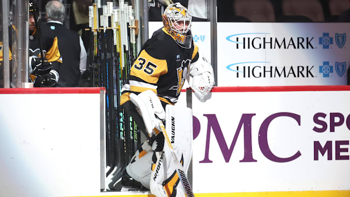 Apr 13, 2025; Pittsburgh, Pennsylvania, USA;  Pittsburgh Penguins goaltender Tristan Jarry (35) takes the ice against the Boston Bruins at PPG Paints Arena. Mandatory Credit: Charles LeClaire-Imagn Images