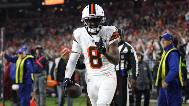 Dec 28, 2023; Cleveland, Ohio, USA; Cleveland Browns wide receiver Elijah Moore (8) celebrates after a touchdown during the first half against the New York Jets at Cleveland Browns Stadium. Mandatory Credit: Scott Galvin-Imagn Images