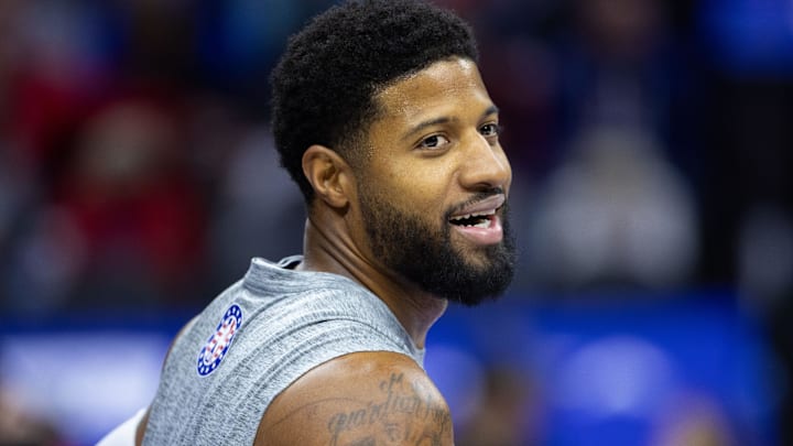 Nov 10, 2024; Philadelphia, Pennsylvania, USA; Philadelphia 76ers forward Paul George (8) warms up before action against the Charlotte Hornets during the first quarter at Wells Fargo Center. Mandatory Credit: Bill Streicher-Imagn Images