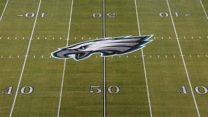 Dec 25, 2017; Philadelphia, PA, USA; General overall view of the Philadelphia Eagles logo at midfield during an NFL football game between the Oakland Raiders and the Philadelphia Eagles at Lincoln Financial Field. Mandatory Credit: Kirby Lee-Imagn Images
