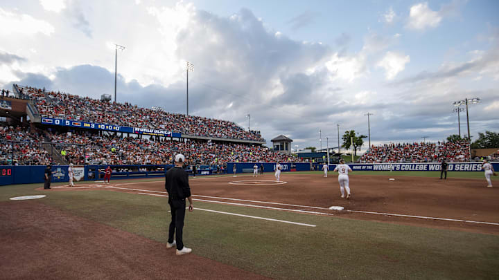 Jun 6, 2025; Oklahoma City, OK, USA;  The Texas Longhorns and the Texas Tech Red Raiders play game three of the NCAA Softball Women's College World Series finals at Devon Park. Mandatory Credit: Brett Rojo-Imagn Images