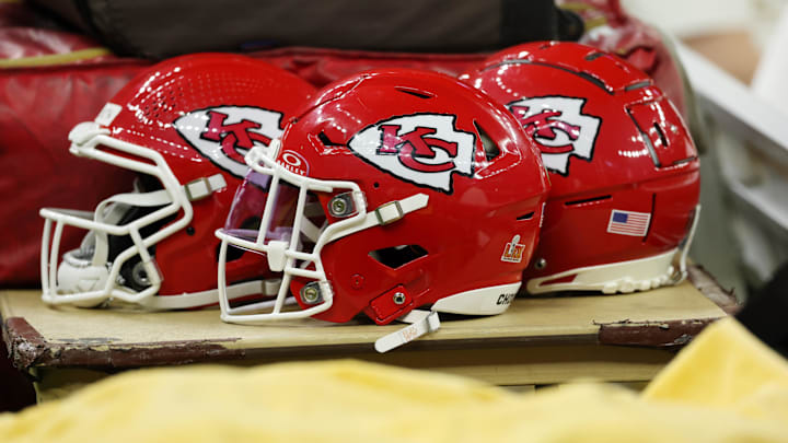 Feb 9, 2025; New Orleans, LA, USA; A detail view of Kansas City Chiefs helmets before Super Bowl LIX between the Philadelphia Eagles and the Kansas City Chiefs at Caesars Superdome. Mandatory Credit: Geoff Burke-Imagn Images