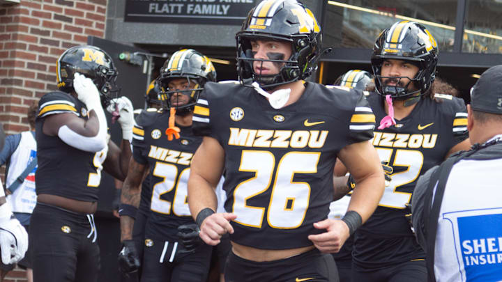 Sept 20, 2025; Columbia, Missouri, USA; Missouri Tigers linebacker Brady Hultman runs out with the team ahead of the Missouri Tigers Week 4 matchup against South Carolina. 
