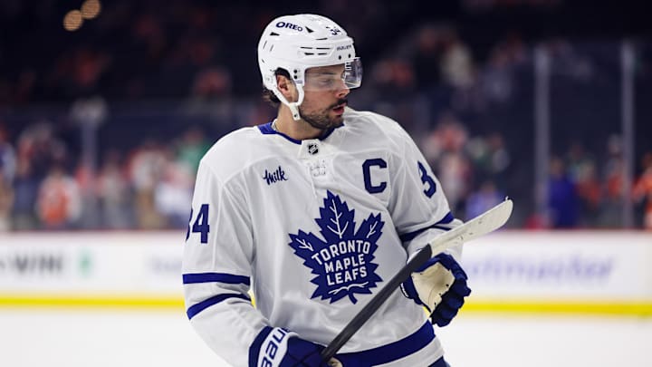 Jan 8, 2026; Philadelphia, Pennsylvania, USA; Toronto Maple Leafs center Auston Matthews (34) before action against the Philadelphia Flyers at Xfinity Mobile Arena. Mandatory Credit: Bill Streicher-Imagn Images