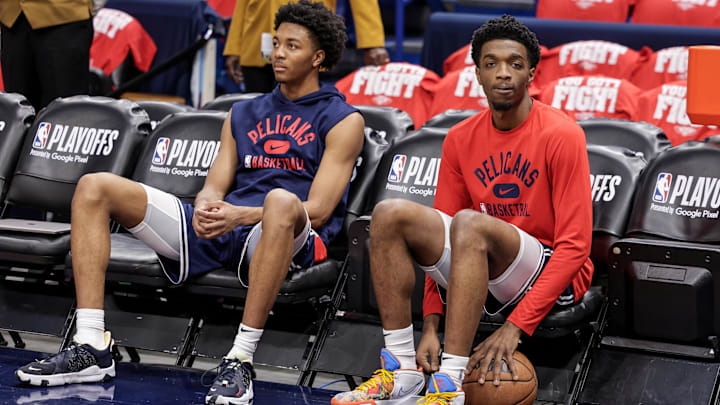 Apr 24, 2022; New Orleans, Louisiana, USA; New Orleans Pelicans guard Trey Murphy III (25) and forward Herbert Jones (5) at warms up before game four of the first round for the 2022 NBA playoffs at Smoothie King Center against the Phoenix Suns. Apr 24, 2022; New Orleans, Louisiana, USA; New Orleans Pelicans guard Trey Murphy III (25) and forward Herbert Jones (5) at warms up before game four of the first round for the 2022 NBA playoffs at Smoothie King Center against the Phoenix Suns.