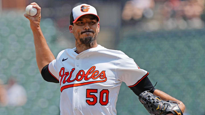 Jul 29, 2025; Baltimore, Maryland, USA; Baltimore Orioles pitcher Charlie Morton (50) delivers during the first inning against the Toronto Blue Jays at Oriole Park at Camden Yards. Jul 29, 2025; Baltimore, Maryland, USA; Baltimore Orioles pitcher Charlie Morton (50) delivers during the first inning against the Toronto Blue Jays at Oriole Park at Camden Yards.