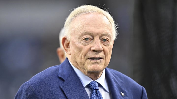 Sep 28, 2025; Arlington, Texas, USA; Dallas Cowboys owner Jerry Jones looks on before the game against the Green Bay Packers at AT&T Stadium. Mandatory Credit: Jerome Miron-Imagn Images