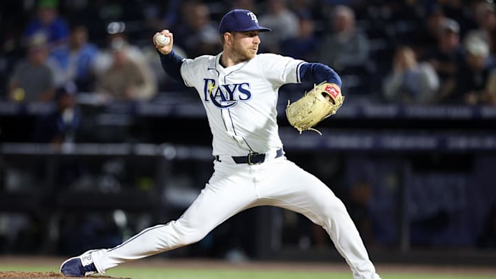Tampa, Florida, USA; Tampa Bay Rays pitcher Hunter Bigge (43) throws a pitch against the Boston Red Sox in the seventh inning at George M. Steinbrenner Field.