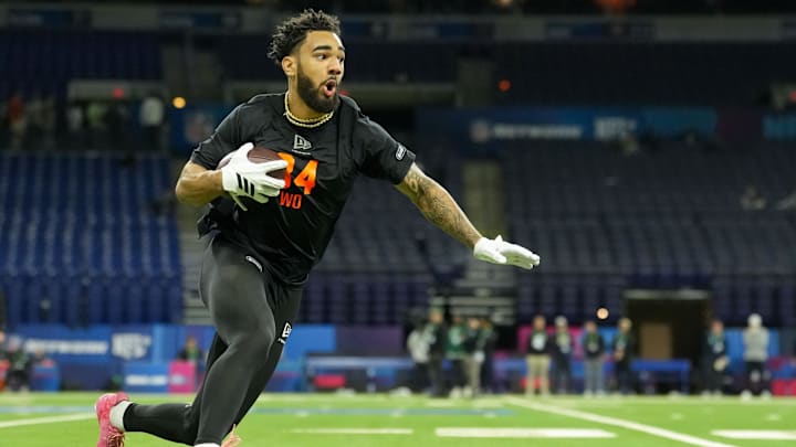 Feb 28, 2026; Indianapolis, IN, USA; Indiana wideout Elijah Sarratt (WO34) during the NFL Scouting Combine at Lucas Oil Stadium. Mandatory Credit: Kirby Lee-Imagn Images
