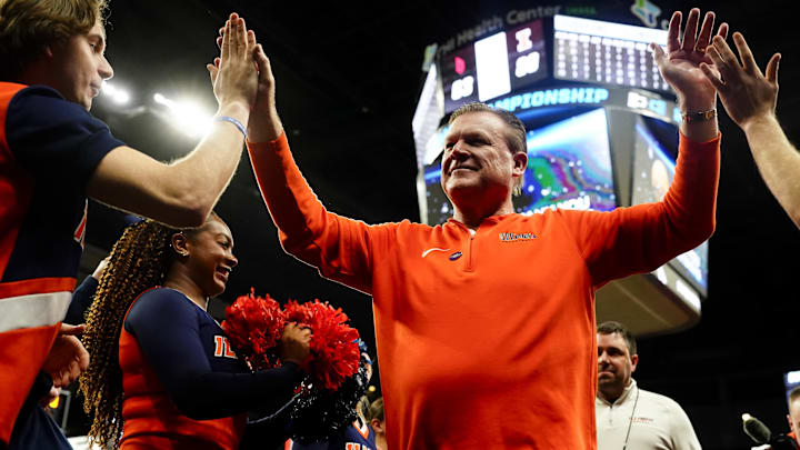Mar 23, 2024; Omaha, NE, USA; Illinois Fighting Illini head coach Brad Underwood leaves the court after the game against the Duquesne Dukes in the second round of the 2024 NCAA Tournament at CHI Health Center Omaha. Mandatory Credit: Dylan Widger-Imagn Images