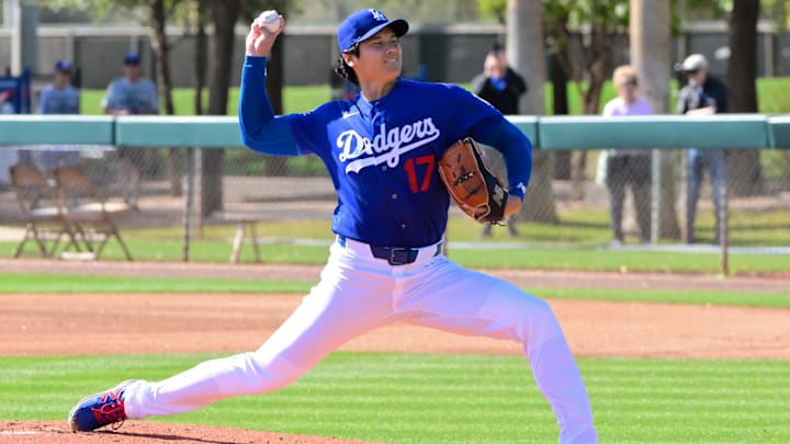Feb 17, 2026; Glendale, AZ, USA; Los Angeles Dodgers two-way player Shohei Ohtani (17) delivers a pitch during a Spring Training workout at Camelback Ranch. Mandatory Credit: Matt Kartozian-Imagn Images