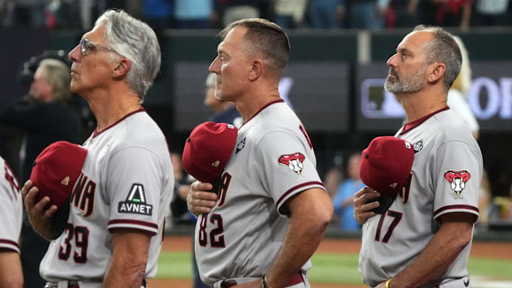 Arizona Diamondbacks manager Torey Lovullo (17) and bench coach Jeff Banister (82) look on before game two of the 2023 World Series against the Texas Rangers at Globe Life Field on Oct. 28, 2023, Arlington, Texas. Arizona Diamondbacks manager Torey Lovullo (17) and bench coach Jeff Banister (82) look on before game two of the 2023 World Series against the Texas Rangers at Globe Life Field on Oct. 28, 2023, Arlington, Texas.