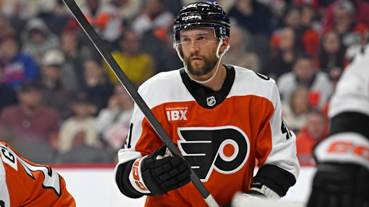 Mar 9, 2026; Philadelphia, Pennsylvania, USA; Philadelphia Flyers center Luke Glendening (41) against the New York Rangers at Xfinity Mobile Arena. 
