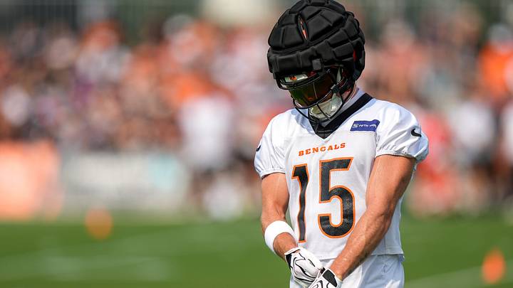 Cincinnati Bengals wide receiver Charlie Jones (15) lines up for a play during the first day of Cincinnati Bengals training camp at the Paycor Stadium practice facility in downtown Cincinnati on Wednesday, July 29, 2026.