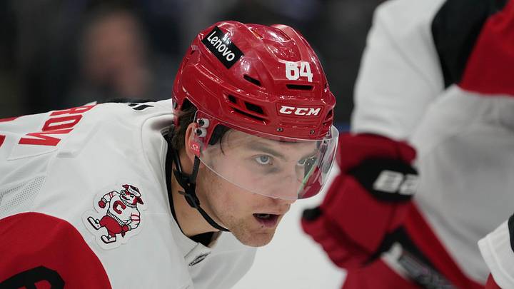 Nov 9, 2025; Toronto, Ontario, CAN; Carolina Hurricanes defenseman Joel Nystrom (64) during a game against the Toronto Maple Leaf at Scotiabank Arena. Mandatory Credit: John E. Sokolowski-Imagn Images