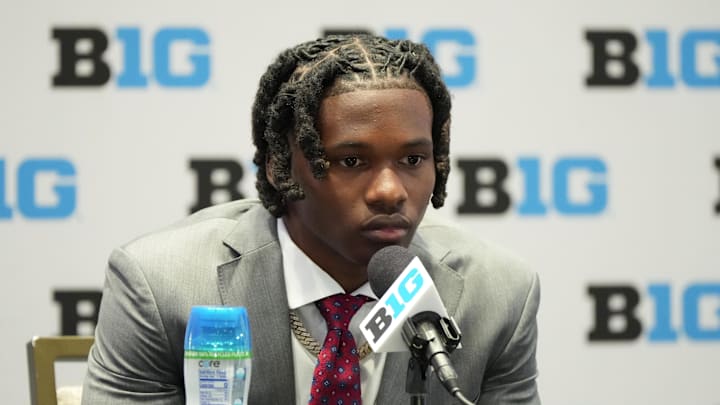 Jul 22, 2025; Las Vegas, NV, USA; Ohio State wide receiver Jeremiah Smith speaks to the media during the Big Ten NCAA college football media days at Mandalay Bay Resort. Mandatory Credit: Lucas Peltier-Imagn Images