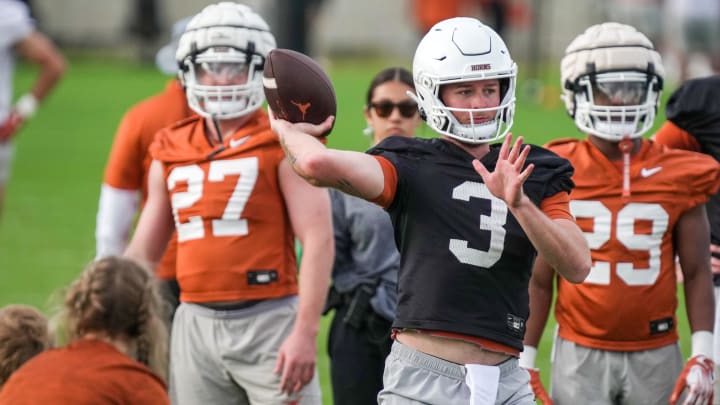 Texas Longhorns quarterback Quinn Ewers during spring practice at the Frank Denius practice fields in Austin, Tuesday, March 19, 2024.