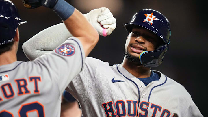 Houston Astros Brice Matthews (28) celebrates his second home run of the game against Arizona Diamondbacks right-hander Zac Gallen (23) at Chase Field on July 21, 2025.