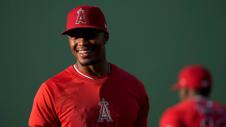 Los Angeles Angels infielder Kyren Paris (19) walks toward the dugout before a game against the Athletics at Sutter Health Park in West Sacramento, Calif., on May 21, 2025.