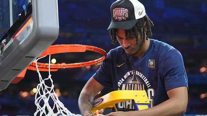 Connecticut Huskies guard Stephon Castle (5) cuts the basketball net after winning the Men's NCAA national championship game against the Purdue Boilermakers at State Farm Stadium in Glendale on April 8, 2024. Connecticut Huskies guard Stephon Castle (5) cuts the basketball net after winning the Men's NCAA national championship game against the Purdue Boilermakers at State Farm Stadium in Glendale on April 8, 2024.