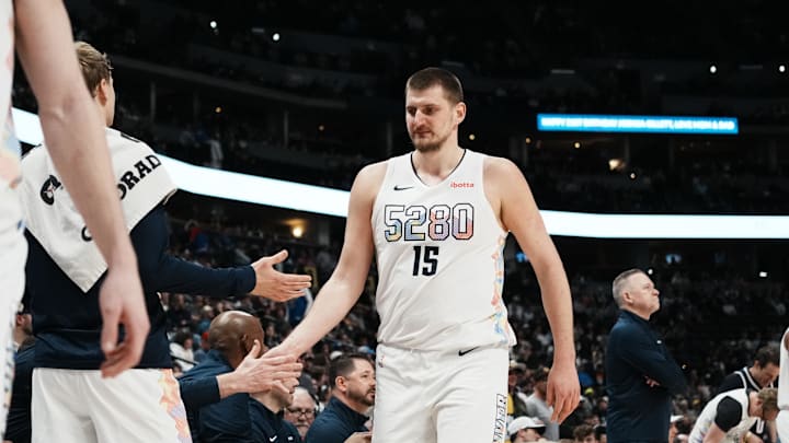 Denver Nuggets center Nikola Jokic (15) leaves the court in the fourth quarter against the New Orleans Pelicans at Ball Arena. 