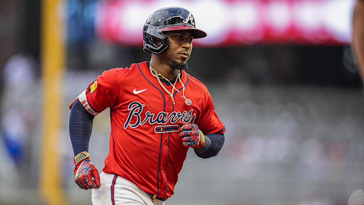 Atlanta Braves second baseman Ozzie Albies (1) reacts after hitting a three run home run against the New York Yankees during the third inning at Truist Park. 