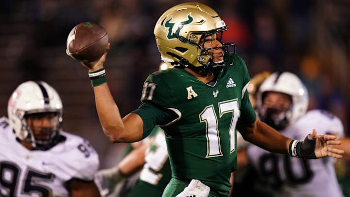 Oct 21, 2023; East Hartford, Connecticut, USA;  South Florida Bulls quarterback Byrum Brown (17) throws a pass against the UConn Huskies in the second half at Rentschler Field at Pratt & Whitney Stadium. Mandatory Credit: David Butler II-USA TODAY Sports