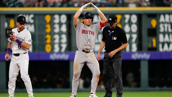Jun 23, 2026; Denver, Colorado, USA; Boston Red Sox left fielder Nate Eaton (18) reacts from second on an RBI double in the sixth inning against the Colorado Rockies at Coors Field. Mandatory Credit: Isaiah J. Downing-Imagn Images
