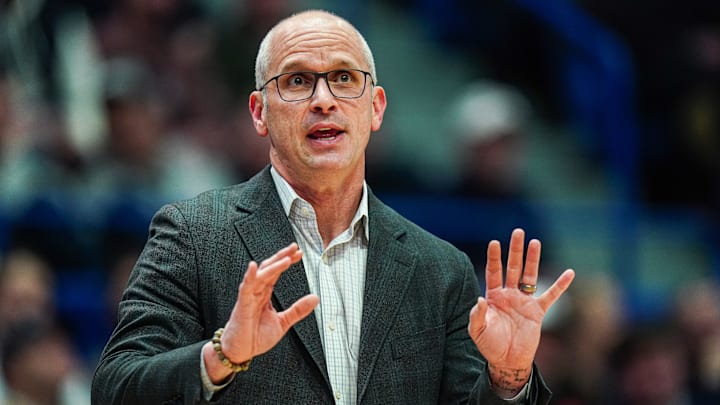 Jan 21, 2025; Storrs, Connecticut, USA; UConn Huskies head coach Dan Hurley watches from the sideline as they take on the Butler Bulldogs at Harry A. Gampel Pavilion. Mandatory Credit: David Butler II-Imagn Images