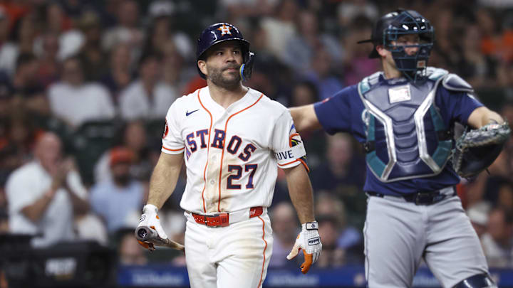 May 13, 2026; Houston, Texas, USA; Houston Astros second baseman Jose Altuve (27) reacts after striking out during the fifth inning against the Seattle Mariners at Daikin Park. Mandatory Credit: Troy Taormina-Imagn Images