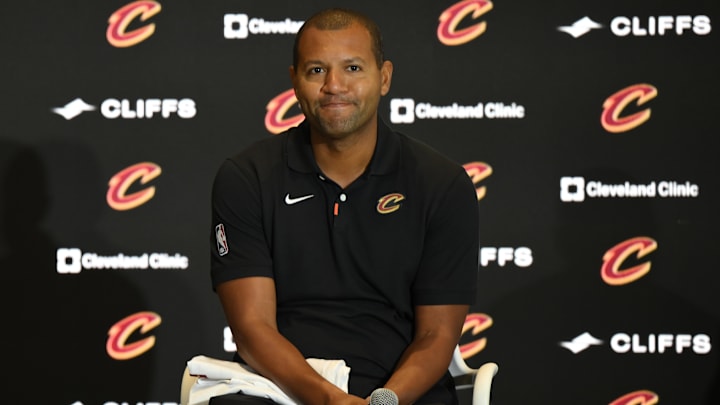Sep 14, 2022; Cleveland, OH, USA; Cleveland Cavaliers president of basketball operations Koby Altman during an introductory press conference at Rocket Mortgage FieldHouse. Mandatory Credit: David Richard-Imagn Images