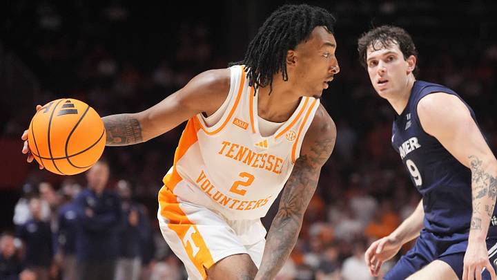 Tennessee guard Juke Harris (2) moves the ball during a college basketball exhibition game against Xavier on Oct. 15, 2026, in Knoxville, Tennessee. Tennessee guard Juke Harris (2) moves the ball during a college basketball exhibition game against Xavier on Oct. 15, 2026, in Knoxville, Tennessee.