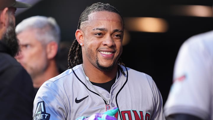 Sep 16, 2024; Denver, Colorado, USA; Arizona Diamondbacks second base Ketel Marte (4) celebrates his two run home run in the first inning against the Colorado Rockies at Coors Field. Mandatory Credit: Ron Chenoy-Imagn Images