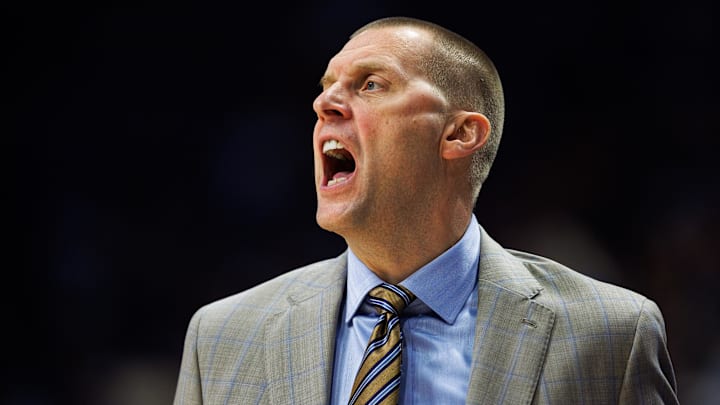 Nov 26, 2025; Lexington, Kentucky, USA; Kentucky Wildcats head coach Mark Pope yells to his players during the first half against the Tennessee Tech Golden Eagles at Rupp Arena at Central Bank Center. Mandatory Credit: Jordan Prather-Imagn Images