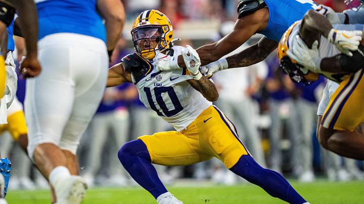 LSU safety Dashawn Spears (10) attempts to make a tackle while lunging during a college football game between Ole Miss and LSU at Vaught Hemingway Stadium in Oxford, Miss., on Saturday, Sept. 19, 2026. Ole Miss defeated LSU 32-24.