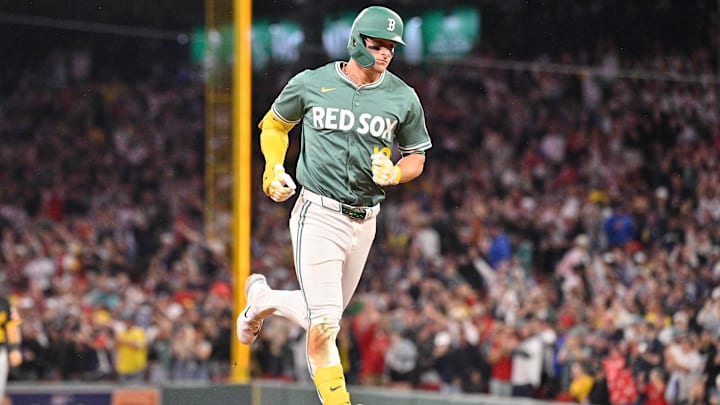 Aug 29, 2025; Boston, Massachusetts, USA; Boston Red Sox right fielder Roman Anthony (19) rounds the bases after hitting a home run against the Pittsburgh Pirates during the fifth inning at Fenway Park. Mandatory Credit: Eric Canha-Imagn Images