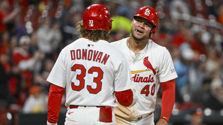 Apr 14, 2025; St. Louis, Missouri, USA;  St. Louis Cardinals first baseman Willson Contreras (40) celebrates with shortstop Brendan Donovan (33) after scoring against the Houston Astros during the fifth inning at Busch Stadium. Mandatory Credit: Jeff Curry-Imagn Images