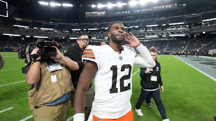 Nov 23, 2025; Paradise, Nevada, USA; Cleveland Browns quarterback Shedeur Sanders (12) reacts at the end of the game against the Las Vegas Raiders at Allegiant Stadium. 