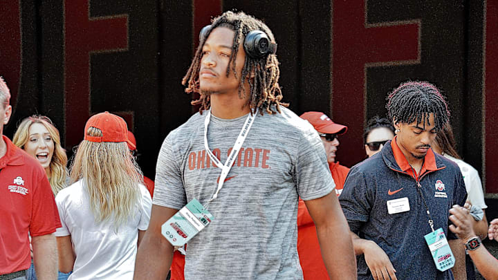 Oct 5, 2024; Columbus, OH, USA; Class of 2025 McKinney, Texas, linebacker Riley Pettijohn walks to the field ahead of Ohio State's 35-7 win over the Iowa Hawkeyes.